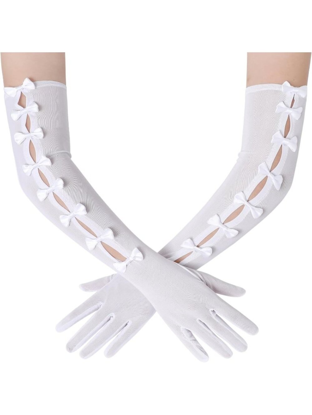 Womens White Long Tulle Mesh Opera 1920s Flapper Cutout Ribbon Bows Lace Gloves